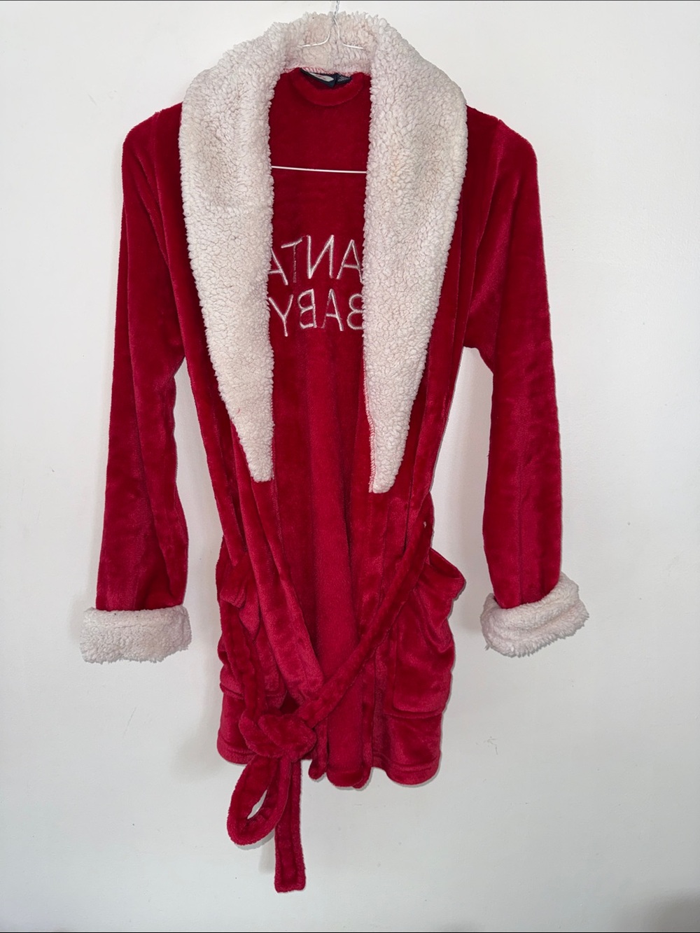 Santa's Treasures Santa Baby Red Plush Robe Sherpa Collar Medium Style 9802‎